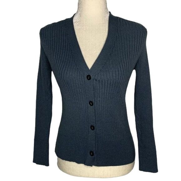 A New Day Sweaters - A New Day Button Up Cardigan Sweater M Grey Ribbed Knit V Neck Long Sleeves